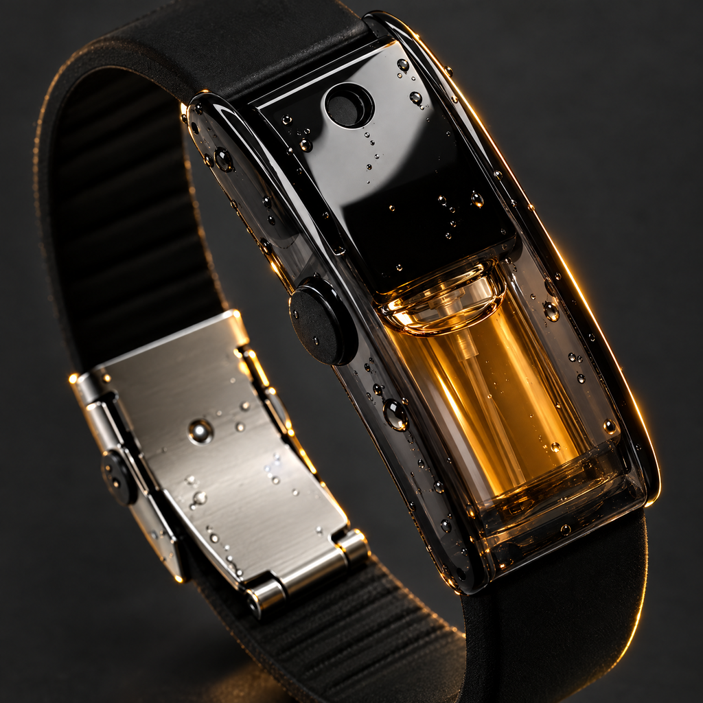 Close-up of the perfume vial inside the bracelet case