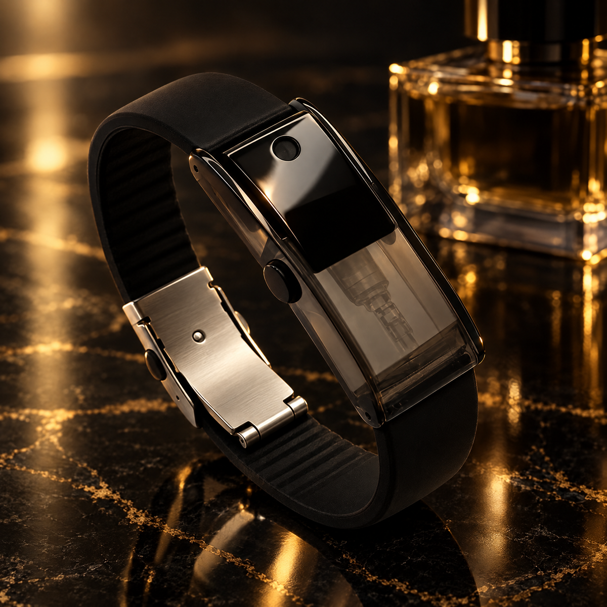 Perfume bracelet on black marble showing the steel clasp