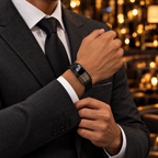 Perfume bracelet worn with a charcoal suit