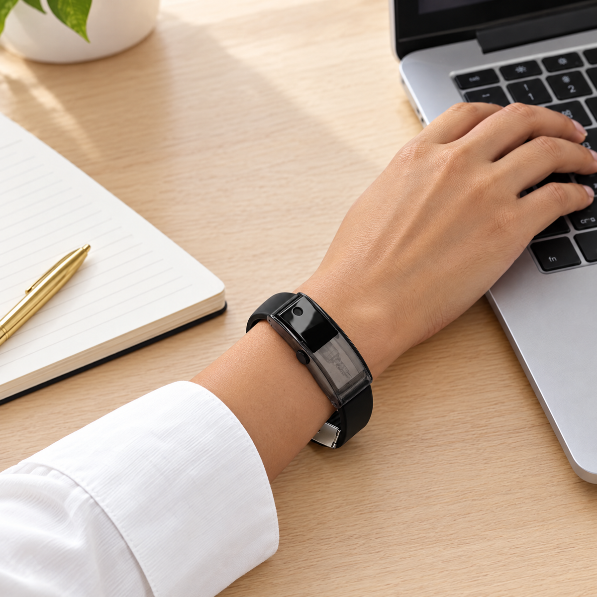 Perfume bracelet on a woman's wrist at a work desk